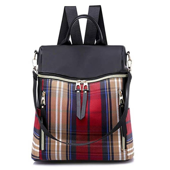 AngelaAnneStyle Handbags - Black & Red Plaid Vegan Leather Sling Backpack